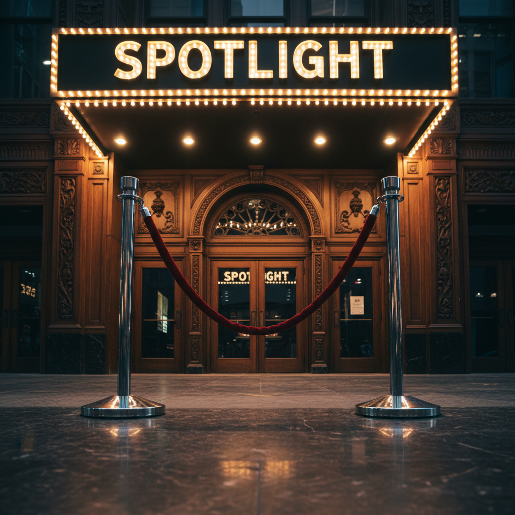 A vibrant red velvet rope with glossy chrome stanchions standing guard in front of an ornate, theatrical entrance. The entrance features dark wood paneling and an illuminated marquee with softly glowing bulbs spelling out 'Spotlight.' The scene is washed in the warm, golden glow of evening exterior lights, casting gentle reflections on the polished floor. Captured from a low-angle viewpoint to emphasize depth and anticipation, the mood is exclusive, exciting, and urban. Composition emphasizes symmetry and rich details, rendered in a cinematic and modern visual style.