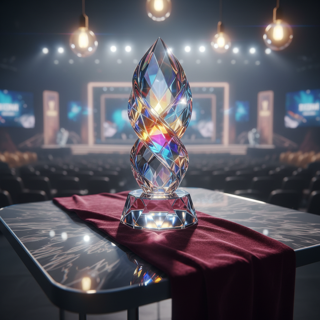 A crystal-clear, glistening award trophy with multifaceted surfaces reflecting a spectrum of stage lights, positioned on a rich burgundy velvet cloth atop a minimalist Rorschach glass table. Soft pendant lighting overhead produces sparkling highlights and intricate lightplay on the award’s surface, while subtle shadows create dramatic contrast. The background, slightly out-of-focus, hints at a lavish award show venue. Photographed from a three-quarter angle with the focus on the dazzling details, the scene feels celebratory, prestigious, and cinematic in style, channeling the glamour and drama of major entertainment accolades.