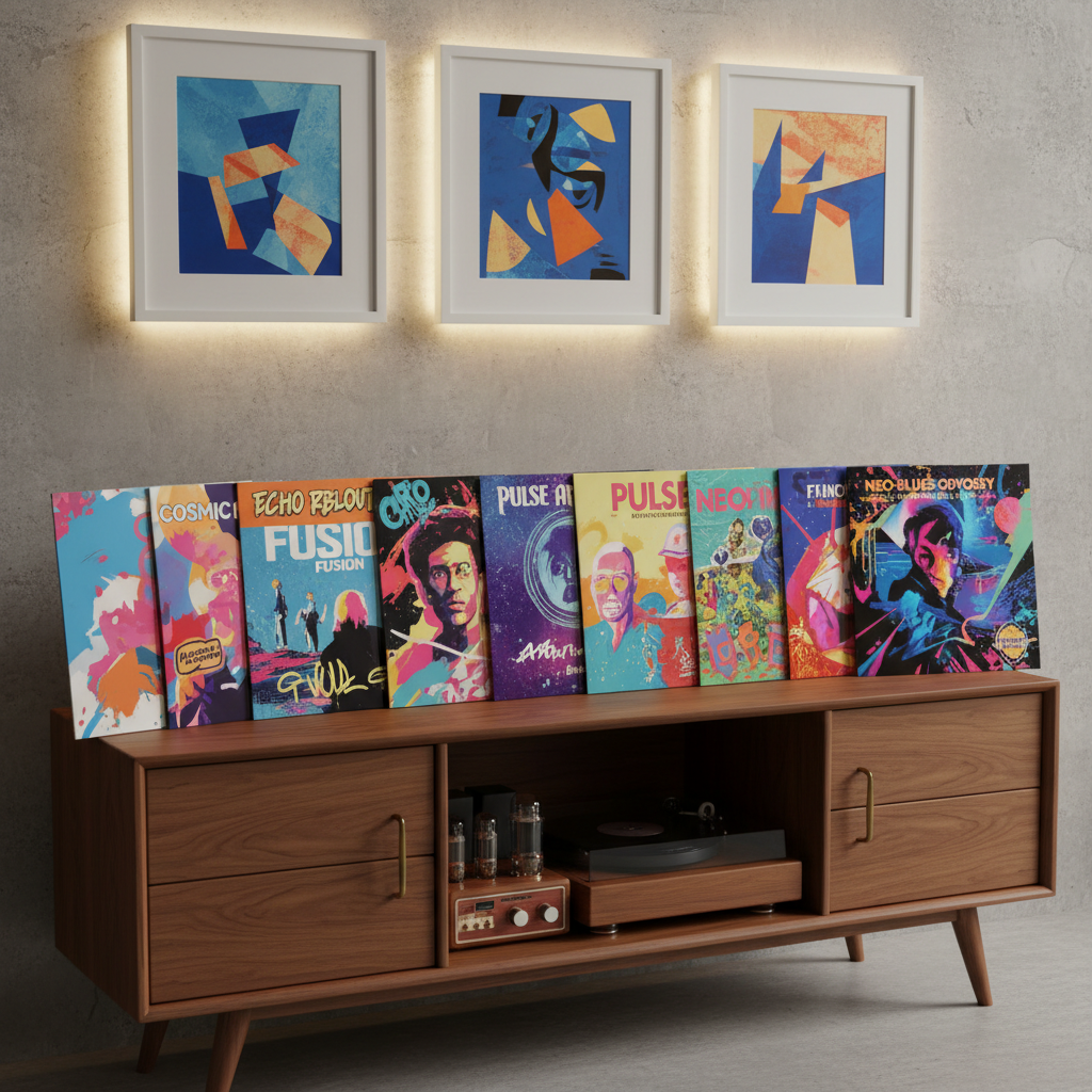 A stack of glossy, color-splashed vinyl record covers fanned out neatly on a mid-century walnut console, each cover featuring bold graphics and dynamic typography hinting at diverse musical genres. The backdrop is a subtle, textured wall with framed abstract art and a few strategically placed LED accent lights. Soft, indirect lighting bathes the scene, creating gentle highlights and soft-edged shadows across the album covers. Shot from a slightly elevated angle with a balanced composition, the mood is nostalgic yet contemporary, evoking enthusiasm for music and cultural discovery. The visual style is crisp, bright, and vibrant.